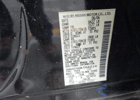 2006 Nissan Titan Se from USA, damaged, VIN 1N6BA07AX6N566034